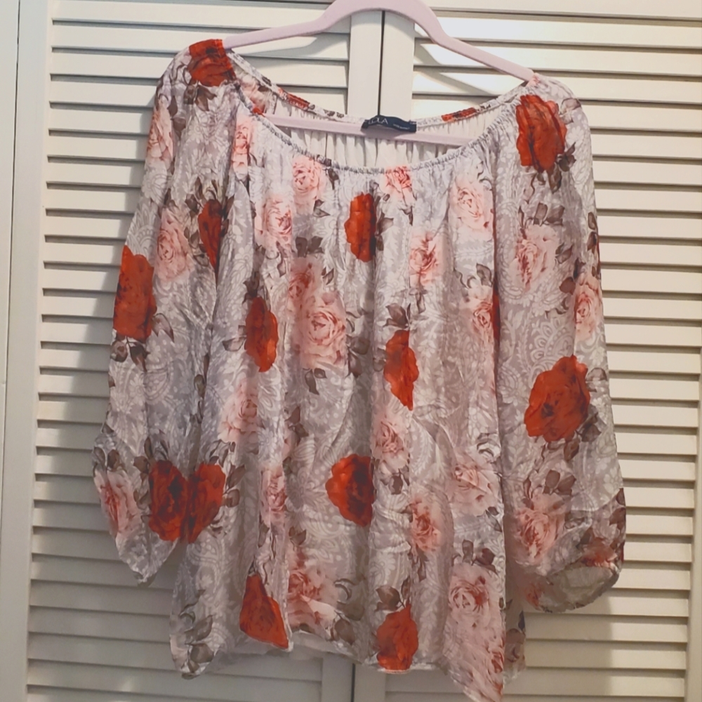 Lola Made in Italy, Silk Floral, Size L, Taupe, Reds,Pink Roses